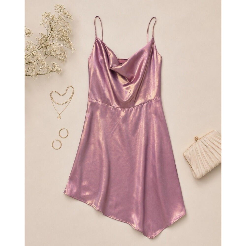 Urban Outfitters Women’s Small Satin Cowl Neck Slip Mini Dress Pink Mauve Shiny